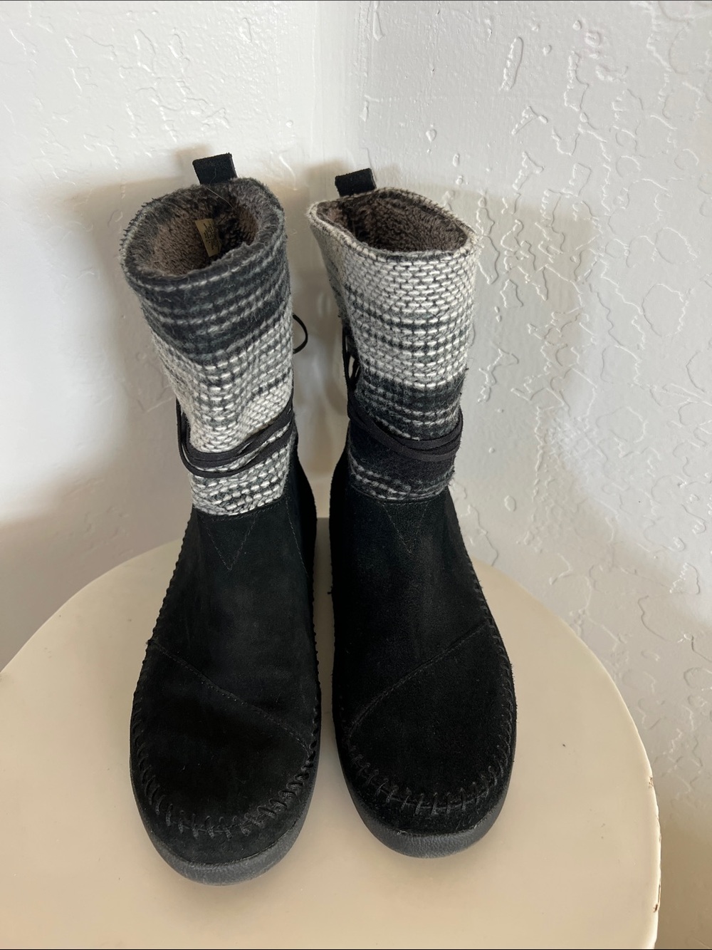 TOMS Black Suede Boots with Gray Knit Cuff